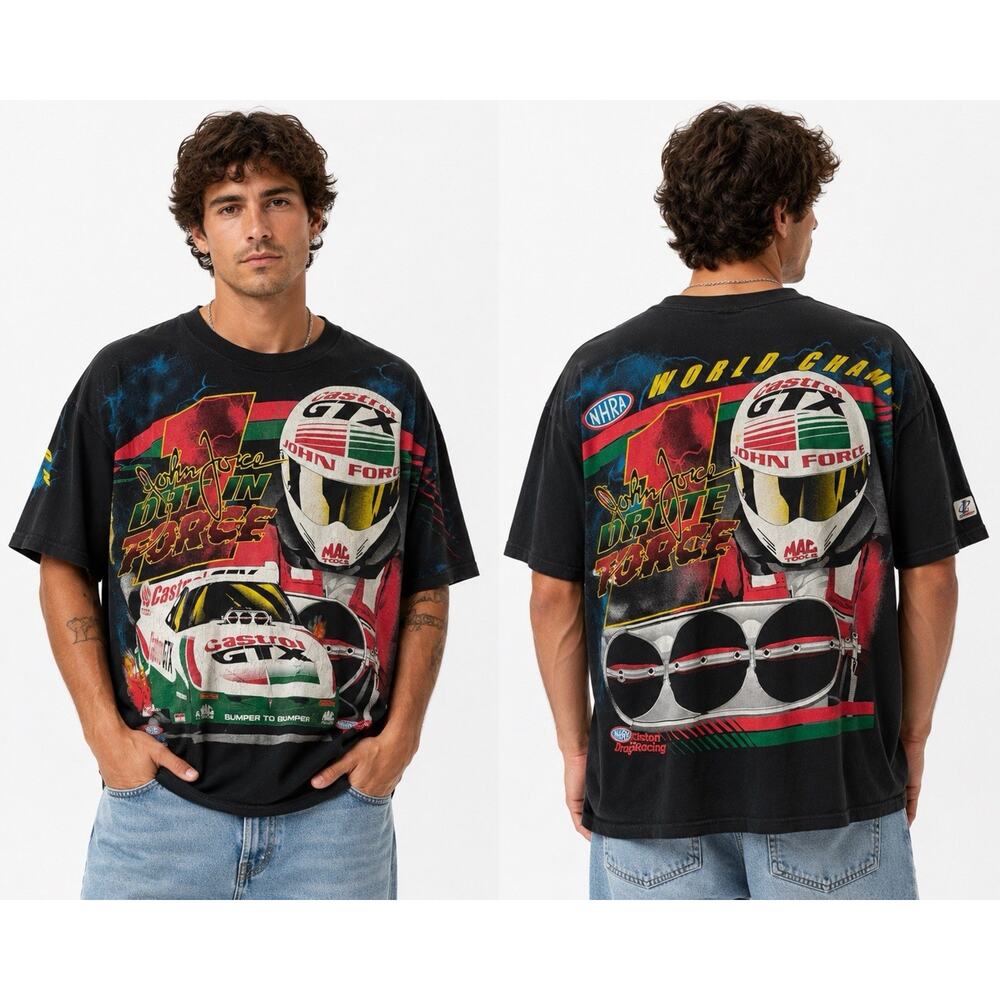 Logo Athletic Vintage 90s NHRA John Force Drag Racing All Over 2 Sided T-Shirt L